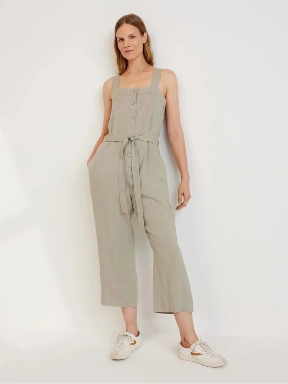 EVERLANE Linen Jumpsuit in Seagrass Beige